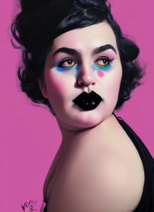 Prompt: portrait of a plump isreali woman with a crooked nose and a confident expression, 1 9 6 0 s, black clothes, goth, punk, brightly coloured hair, funk, intricate, elegant, highly detailed, digital painting, artstation, concept art, smooth, sharp focus, illustration, art by wlop, mars ravelo and greg rutkowski