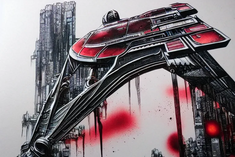 Image similar to futuristic, cyberpunk, martian architecture, minimalistic ink and red airbrush painting on white background, black outline