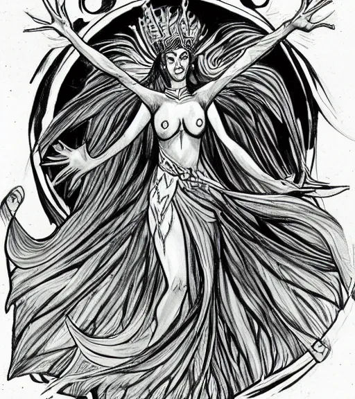 Image similar to godess of the night nyx in her primordial form in a shadwy position drawn in a cartoon style, high quality, mystical