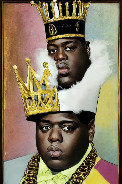 Image similar to ultra unrealistic portrait of rapper biggie smalls standing with cane and with kings crown and royal outfit, european, modern art, eclectic art, gold and colorful, illustration, by ramon casas