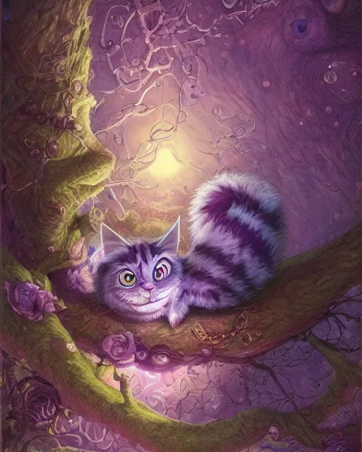 Image similar to an adorable cheshire cat asleep in a tree | highly detailed | very intricate | symmetrical | whimsical and magical | soft cinematic lighting | award - winning | wonderland | painted by donato giancola and paul lehr and ross tran | pastel color palette | featured on artstation