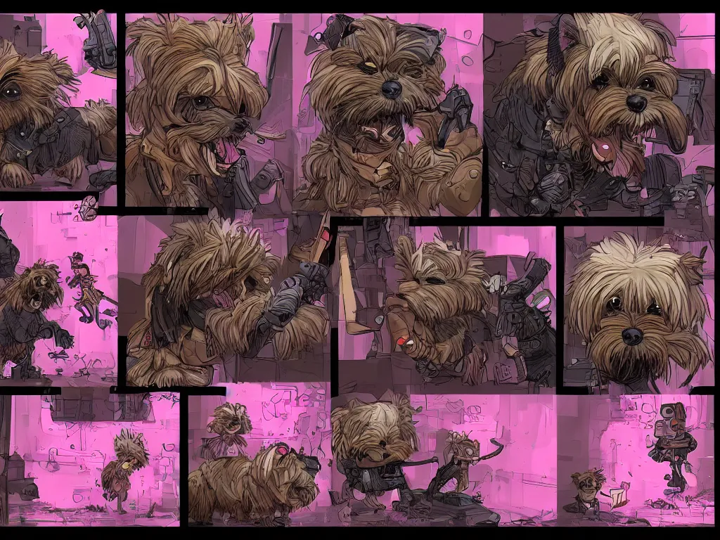 Image similar to a 4 panel comic strip of a lonely black and caramel Yorkshire Terrier, fighting with a pink rubber monkey in a cyberpunk, post apocalyptic Tokyo, D&D, fantasy, highly detailed, digital painting, artstation, concept art, smooth, sharp focus, illustration, art by Bill Sienkiewicz