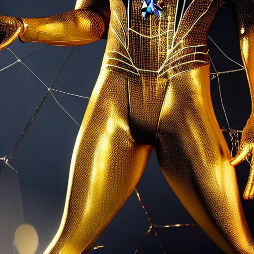 Image similar to gold spider - man suit with black web lining, cinematic, volumetric lighting, realistic, hyperdetailed, photorealistic, photograph