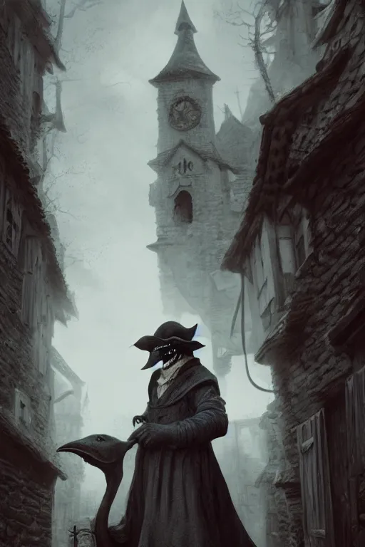 Prompt: A fancy portrait of a Plague Doctor in a medieval village by Greg Rutkowski, Sung Choi, Mitchell Mohrhauser, Maciej Kuciara, Johnson Ting, Maxim Verehin, Peter Konig, Bloodborne, 8k photorealistic, cinematic lighting, HD, high details, dramatic, dark atmosphere, trending on artstation