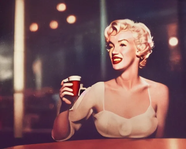 Image similar to A close-up, color cinema film still of a marlin monroe drinking coffee at a starbucks, ambient lighting at night.