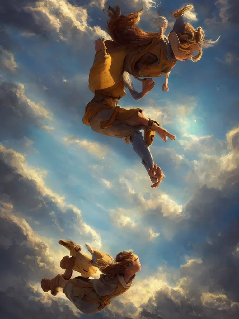 Image similar to jumping to the sky by disney concept artists, blunt borders, rule of thirds, golden ratio, godly light, beautiful!!!