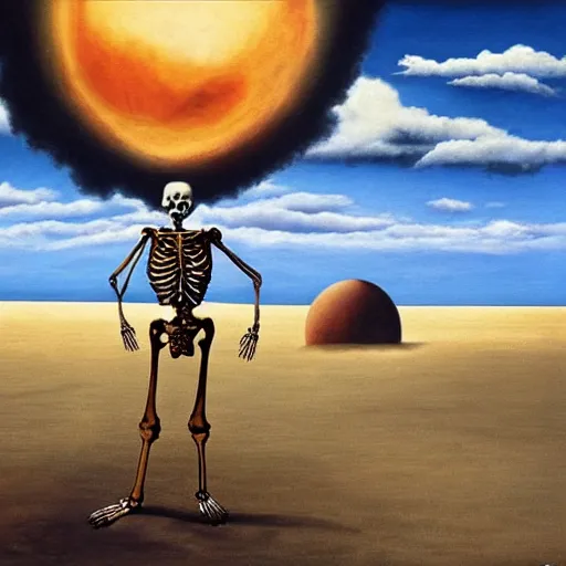 Prompt: a skeleton walking on a beach next to the ocean, nuclear bomb explosion in the background, a surrealist painting by Storm Thorgerson, featured on cg society, matte painting, realistic, chillwave