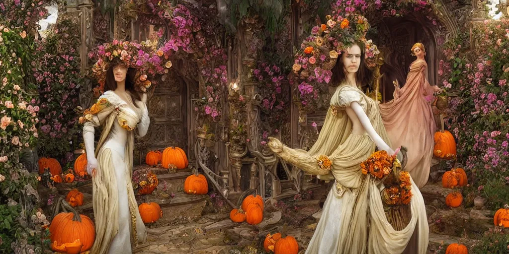 Prompt: fairytale princess played by Eva green with lovely detailed face entering the gates of her majestic palace of flowers , with horse driven , carriage made of pumpkins , epic scene unreal render depth of focus blur hyperrealistic detail Star Wars mucha fantasy art behance