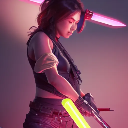 Prompt: woman with neon katana, highly detailed, professional digital painting, Unreal Engine 5, Photorealism, HD quality, 8k resolution, cinema 4d, 3D, cinematic, professional photography, art by artgerm and greg rutkowski and alphonse mucha and loish and WLOP