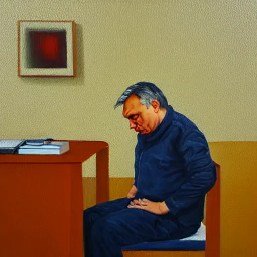 Image similar to viktor orban meditating in a cubicle, oil painting