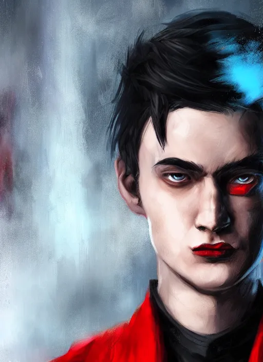 Image similar to An epic fantasy comic book style portrait painting of a young man with black cowlick haircut, wearing black overcoat, red clothes, blue jeans. Unreal 5, DAZ, hyperrealistic, octane render, cosplay, RPG portrait, dynamic lighting