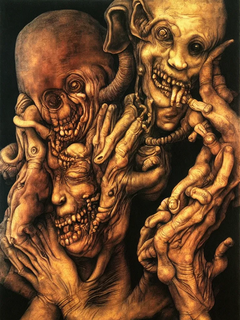 Prompt: a boy like eraserhead and elephant man with his hand, looking straight into camera, screaming in desperation, by giuseppe arcimboldo and ambrosius benson, renaissance, fruit, intricate and intense oil paint, a touch of beksinski and hr giger and edward munch, realistic, rules of composition, headspace