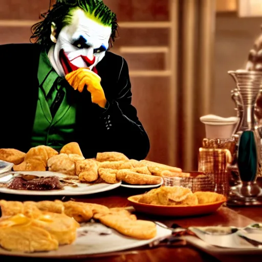 Prompt: cinematic shot of the joker sitting at a table in front of a plate of chicken and biscuits and gravy, 8 k, very detailed, very intricate,