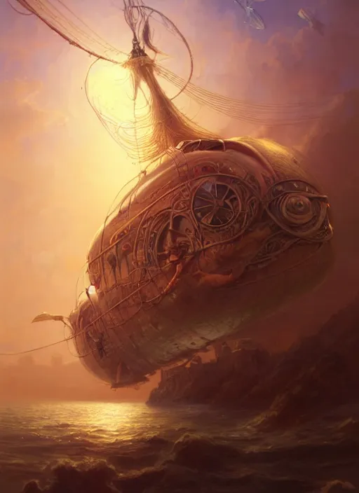 Image similar to portrait painting of a handsome rugged long hair crimson hair male pirate, top half portrait soft hair steampunk ornate zeppelin blimp airship in the background sky sunset golden hour art by raphael lacoste and stephan martiniere greg rutkowski gaston bussiere fantasy soft hair trending on artstation deviantart book cover art dramatic volumetric lighting, 4 k, award winning