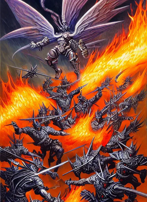 Prompt: dynamic bibilical depiction battle scene of aggressive winged silver warriors with fire crowns, d & d, muscular! crossfit, fitness, tight wrinkled cloath, vivid color scheme, atmospheric perspective, fantasy, intricate, elegant, highly detailed, digital painting, smooth, sharp focus, art by ed emshwiller and jesper ejsing