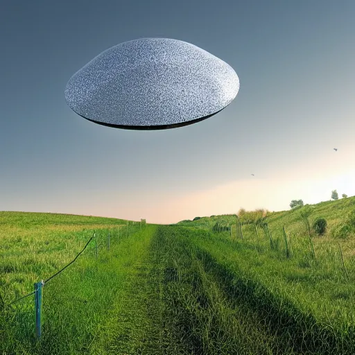 Image similar to a realistic silver ufo landed on a green field by the side of a country road, early morning, green hills, fences, blue sky, matte painting, 8 k