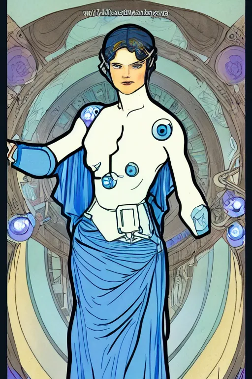 Image similar to delores from westworld in blue dress as a goddess of cyborg in alfons mucha style