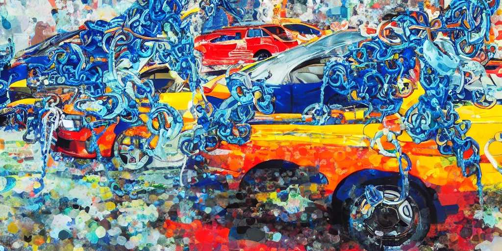 Image similar to car wash, big chain, collage, acrylic on canvas, expressionism movement, breathtaking detailed, by blake neubert