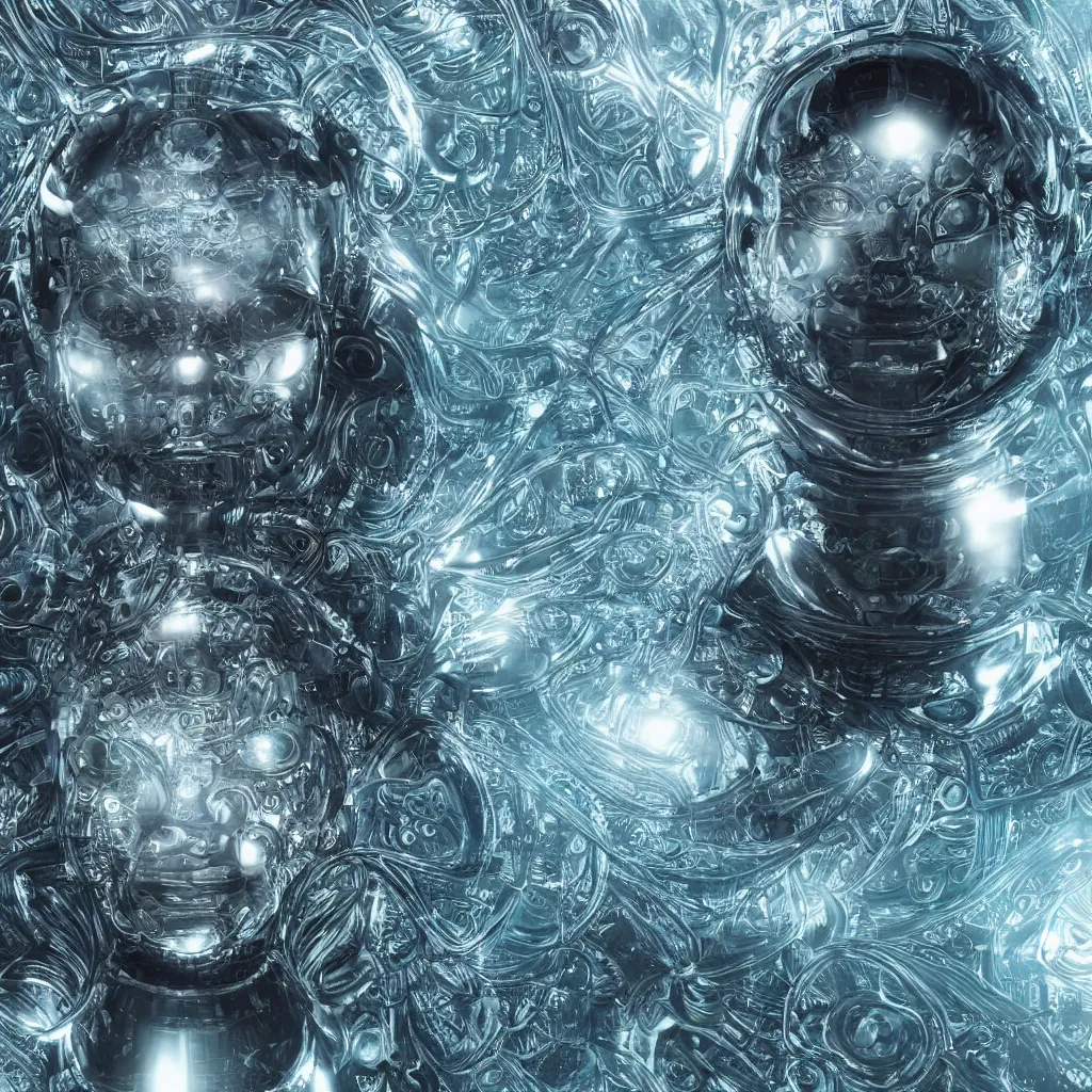 Image similar to an insanely detailed cibernetic artwork of a futuristic artificial intelligence superstar, extremely detailed water texture, centered image, perfectly symmetrical alien face, with frames made of detailed fractals, octane render, 4k, insanely detailed, detailed grid as background, cgi