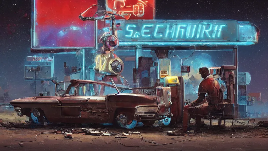 Image similar to A 1960s robot! on couch in front of a rusted! gas station. The stars! of the Milky Way shine above a broken neon sign realistic, raytracing, 8K glow, fantasy concept art by Greg Rutkowski