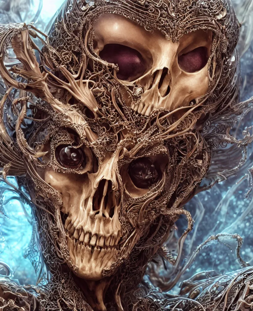 Image similar to close-up macro portrait of the face of a beautiful princess with animal skull mask, epic angle and pose ribcage skeleton, symmetrical artwork, 3d with depth of field, blurred background, cybernetic jellyfish female face skull phoenix bird, translucent, nautilus, energy flows of water and fire. a highly detailed epic cinematic concept art CG render. made in Maya, Blender and Photoshop, octane render, excellent composition, cinematic dystopian brutalist atmosphere, dynamic dramatic cinematic lighting, aesthetic, very inspirational, arthouse. y Greg Rutkowski, Ilya Kuvshinov, WLOP, Stanley Artgerm Lau, Ruan Jia and Fenghua Zhong