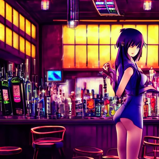 Prompt: Cinematography, anime girl in a bar, cyberpunk city