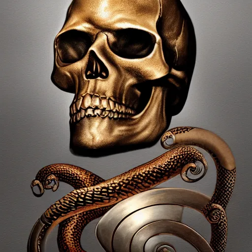 Prompt: large metallic skull attached to a long, coiled snake, stoic and calm, 8k, detailed, concept art, trending on artstation