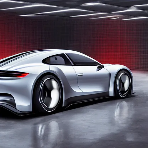 Prompt: a vision gran turismo style concept electric porsche :: studio lighting, inside a warehouse :: porsche unseen design style