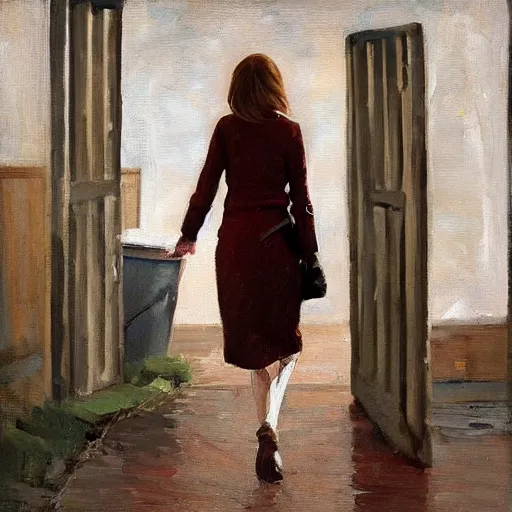 Prompt: emma stone in boots walking to outdoor toilet, russian depression, chthonic, by shulzhenko, nikolay kopeykin, lozhkin, vdovenko, oil painting art