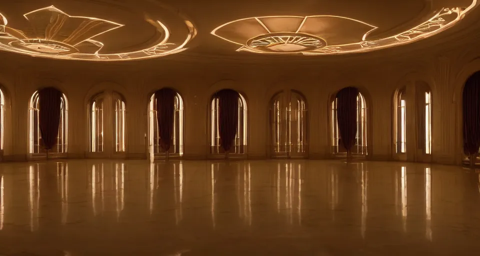 Image similar to an incredibly beautiful scene from a 2 0 2 2 marvel film featuring an art deco palace during a hurricane. recessed lights. large windows. lightning. golden hour. 8 k uhd.