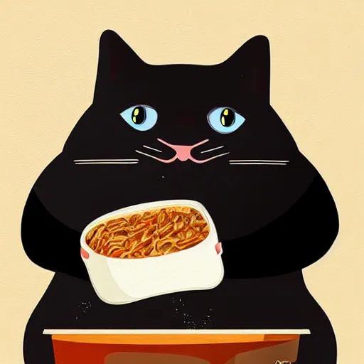 Prompt: a fat cat eating Canned tuna, digital art