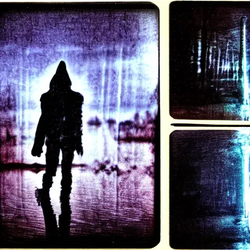 Image similar to Polaroid of dark souls in a dream, silhouettes, threes, rain, reflection, double exposure, dramatic low-key neon lighting, light painting