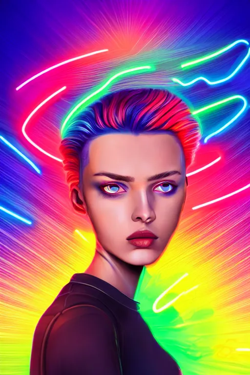 Image similar to a award winning half body portrait of a beautiful woman with stunning eyes in a croptop and cargo pants with rainbow colored ombre hairstyle head in motion and hair flying by thomas danthony, outlined by whirling illuminated neon lines, outrun, vaporware, shaded flat illustration, digital art, trending on artstation, highly detailed, fine detail, intricate