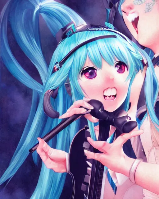 Prompt: Hatsune Miku singing on the scene, symmetrical eyes, beautiful pose, open mouth, art by Elvgren, Vargas and Moran