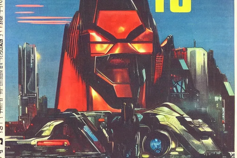 Prompt: 1979 OMNI Magazine Cover depicting a large imposing Android. Final boss fight. Cyberpunk Akira style by Vincent Di Fate