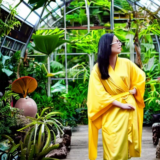 Prompt: a young beautiful woman wearing a yellow kimono in a tropical greenhouse, photo