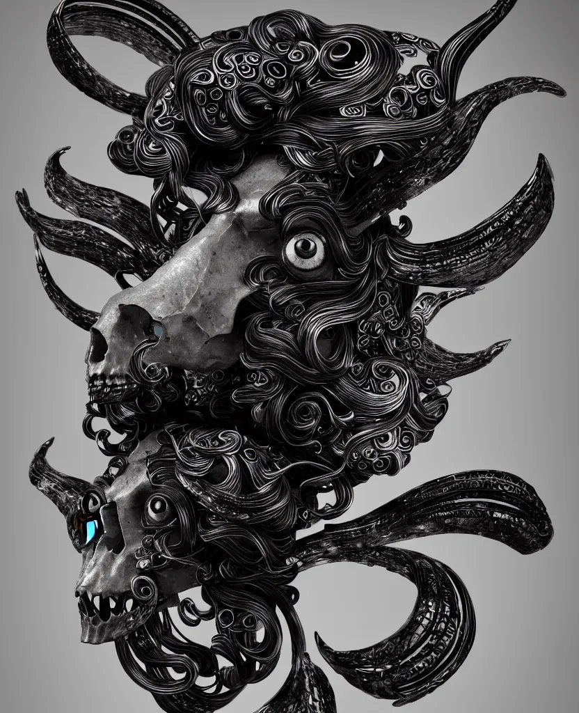 Image similar to goddess princess face close-up portrait ram skull. sculpture made of black and dichroic. jellyfish phoenix head, nautilus, orchid, skull, betta fish, bioluminiscent creatures, intricate artwork by Tooth Wu and wlop and beeple. octane render, trending on artstation, greg rutkowski very coherent symmetrical artwork. cinematic, hyper realism, high detail, octane render, 8k