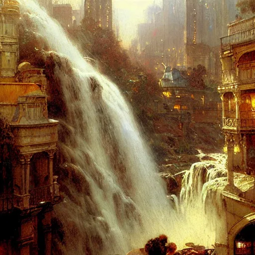 Image similar to waterfall flooding an entire city. victorian age. highly detailed painting by gaston bussiere, craig mullins, j. c. leyendecker