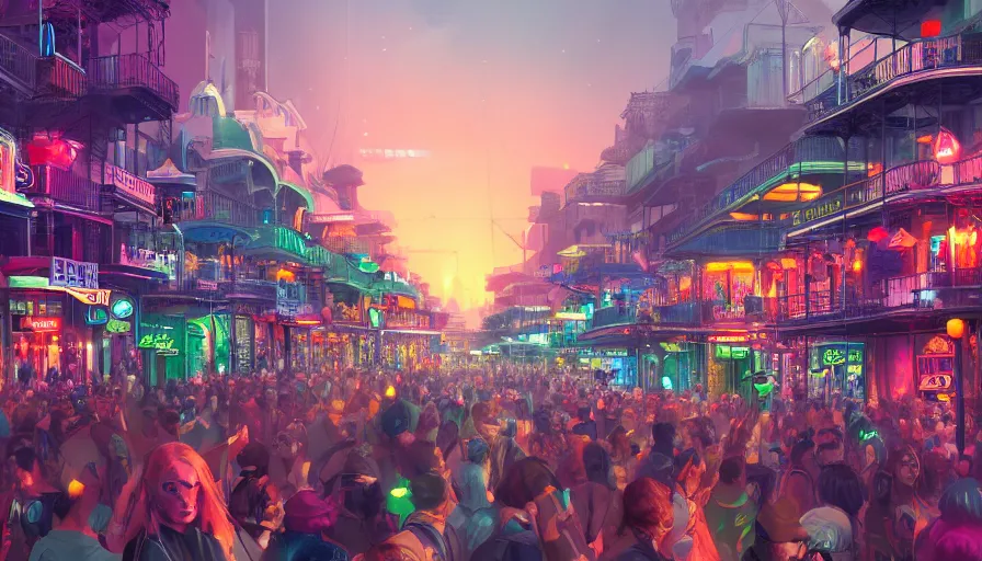 Prompt: futuristic crowded bourbon street, color lights, sunset, fanfare, hyperdetailed, artstation, cgsociety, 8 k