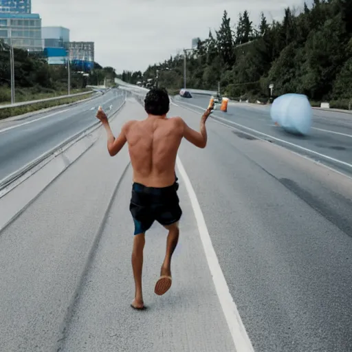 Prompt: a man wearing a pool tube running down a busy highway