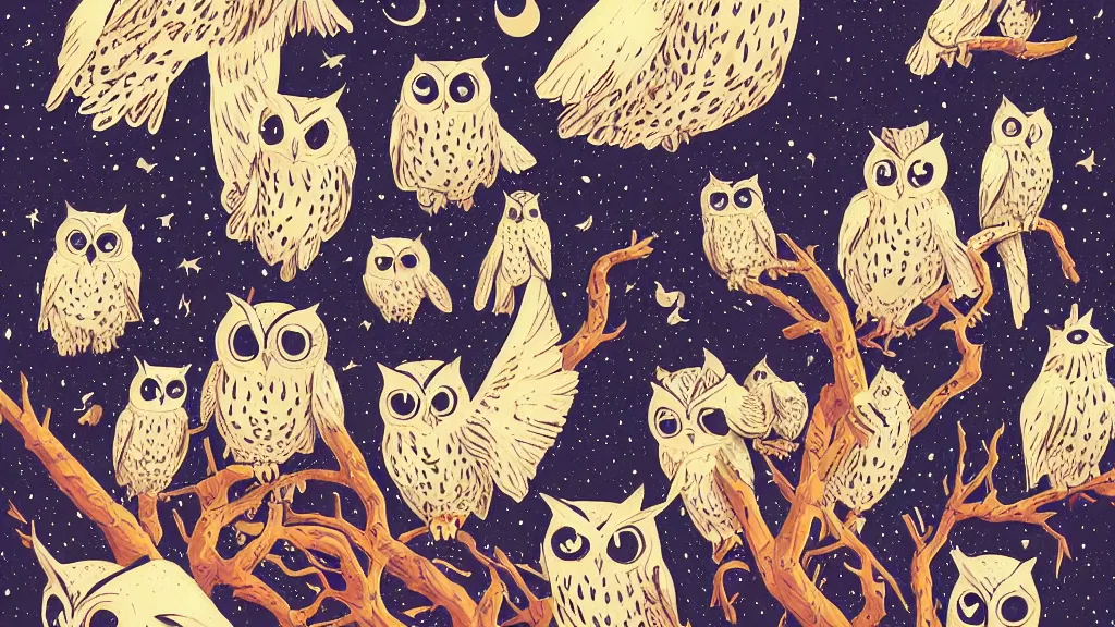 Prompt: very detailed, ilya kuvshinov, mcbess, rutkowski, watercolor illustration of owls flying at night, colorful, deep shadows, astrophotography, highly detailed, wide shot