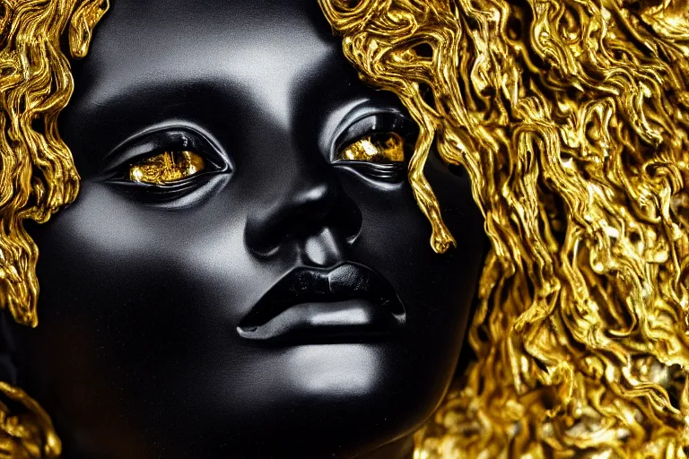 Image similar to hyperdetailed masterpiece portrait of a glossy black marble statue of a woman covered in gold metallic liquid in the style of virgil abloh, offwhite, heron prestorn, denoise, vogue, paris, fashion, louvre museum, highly detailed, realistic, hyperreal, 8 k, 4 k, render