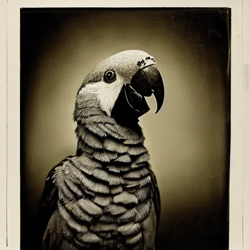 Prompt: closeup wet plate photograph of a double yellow - headed amazon parrot, daguerreotype, collodion photography, studio lights, eye catching, exaggerated texture