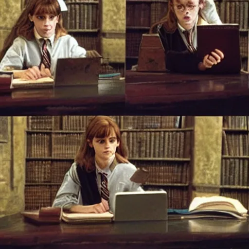 Image similar to Still from Harry Potter movies, Emma Watson using a computer during school in Hogwarts