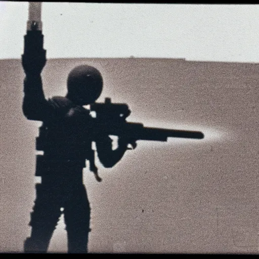 Prompt: classified photograph of extremely tall alien soldier firing handheld laser weapon, film grain, specular highlights, 3 5 mm lens, government archive photograph