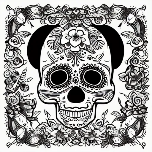 Image similar to cute cartoon drawing of a mexican skull, dia de los muertos, big head, big eyes, skull head, vector illustration, style of disney animation