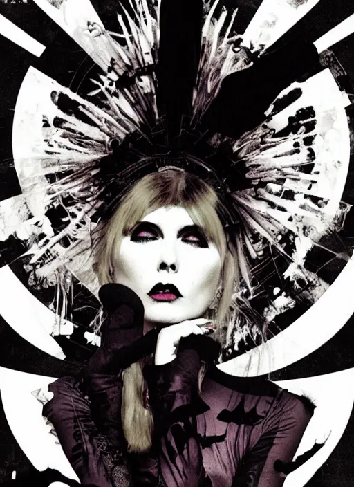 Image similar to cute punk goth fashion fractal young Debbie Harry posing by Zhang Jingna, punk poster art by Hannah Höch Victor Moscoso Dan Mumford Kilian Eng Hannah Jeffrey Smith Rick Griffin Alphonse Mucha Gustav Klimt Ayami Kojima Amano Charlie Bowater, violet and black