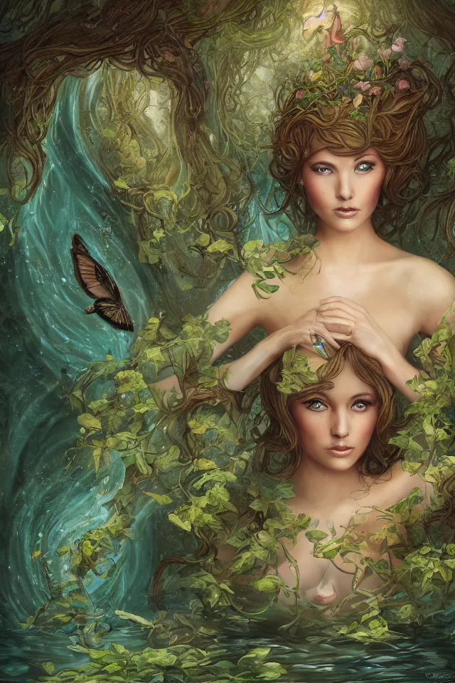 Prompt: portrait of a beautiful woman with her face emerging from the water, on the water are leaves of nymphs in the style of julie dillon