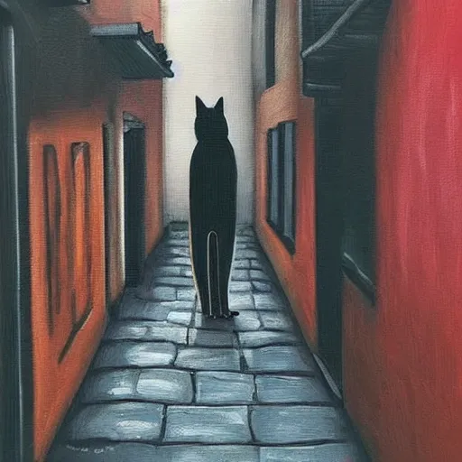 Image similar to A lonely black cat in the middle of an alleyway 🎨🖌️