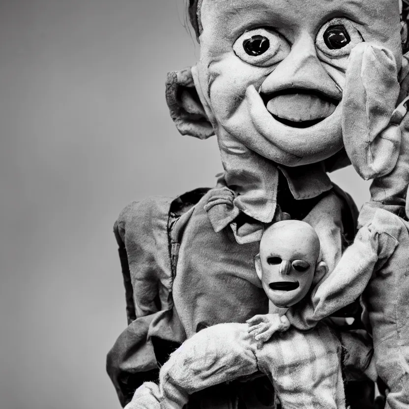 Image similar to creepy ventriloquist dummy in the style of roger ballen, 4 k, bw, portrait